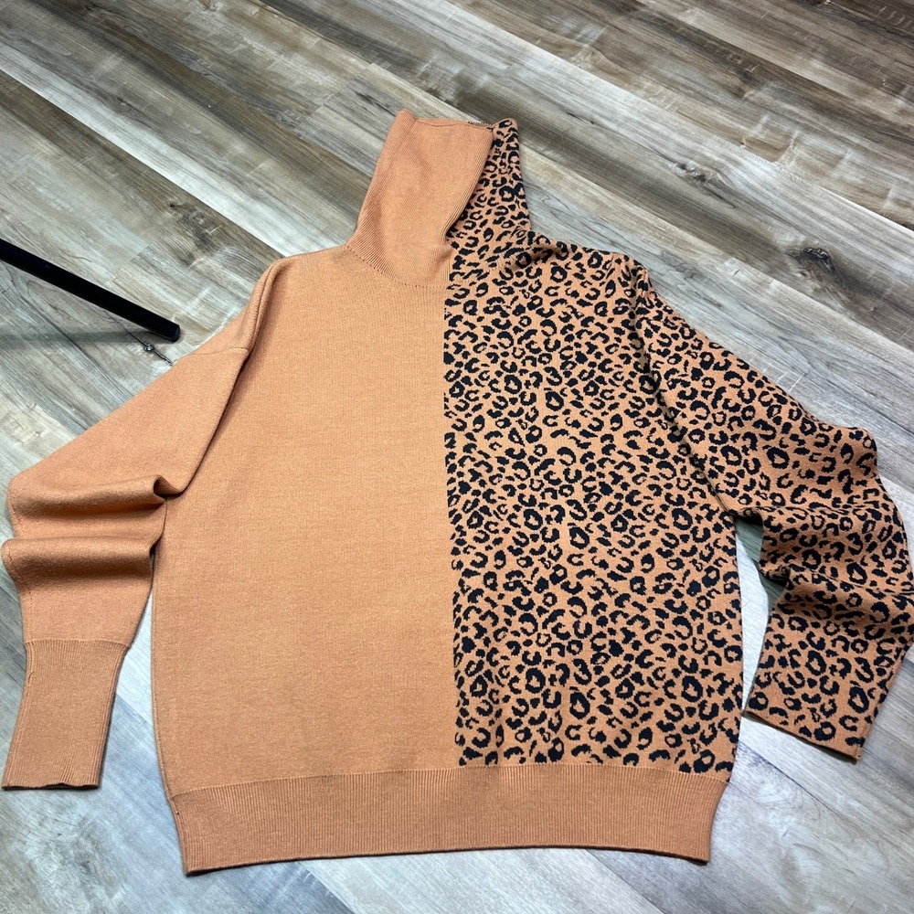 Women's Leopard Print Mock Neck Sweater Tan Brown Soft Knit Pullover Cozy‎ Fall - Picture 2 of 12